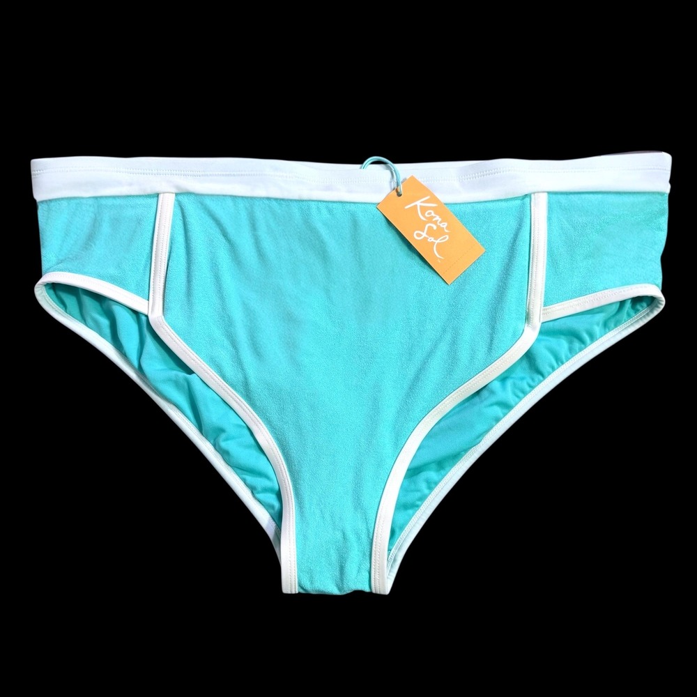 Kona Sol Turquoise White Trim High Waist Bikini Bottom 2X 20W-22W New